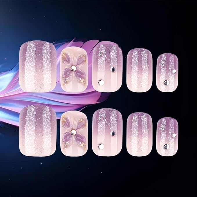 24Pcs 3D Flower Press on Nails Silver Glitter Stick on Fingernails Glossy Purple Gradient Acrylic Fake Nail Rhinestones Short Square False Nails Pearls Gel Glue on Nail for Coquette Women Girls