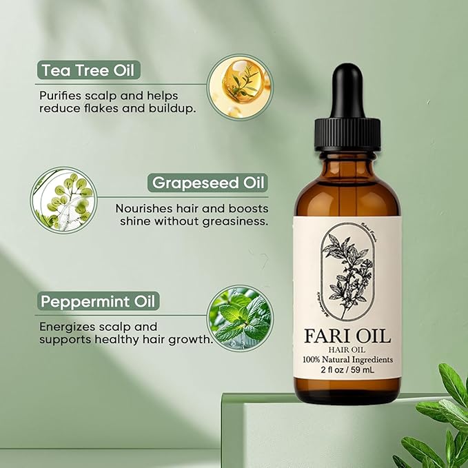 Fari Oil Hair Growth Oil Organic, Holistic Hair Oil with Natural Tea Tree, Grapeseed, and Peppermint for Men & Women, Botanical Scalp Oils Treatment Non-greasy for Dry Scalp & Edges, All Hair Types