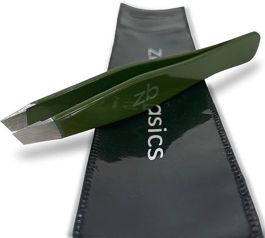 Tweezers – Surgical Grade Stainless Steel - Slant Tip for Expert Eyebrow Shaping and Facial Hair Removal – with Protective Pouch (Army Green)