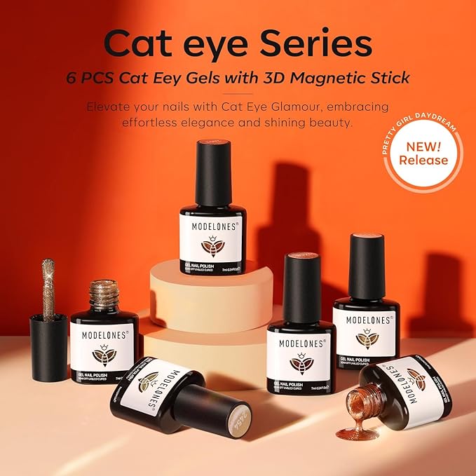 modelones Cat Eye Fall Gel Nail Polish Set 6 Colors Yellow Gold Orange Brown Nude Glitter 9D Cat Eye Gel Polish Maple Gel Polish with Magnet Soak Off Led Nail Art DIY Salon Gifts For Women