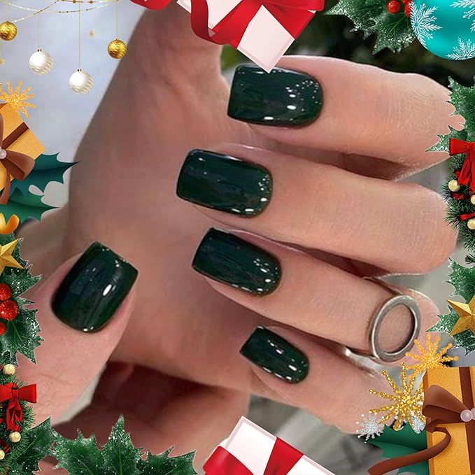 Modelones Dark Green Press on Nails, Christmas Short Square Fake Nails, Reusable Nail Kit with Nail Glue Adhesive Tabs Mini Nail File, Nails Press Ons 32Pcs 16Sizes