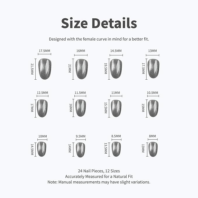 Metallic Silver Press-On Nails – 24 Oval Cat Eye Nails, 12 Sizes, Shiny Chrome Effect, Long-Lasting & Easy DIY Manicure Kit