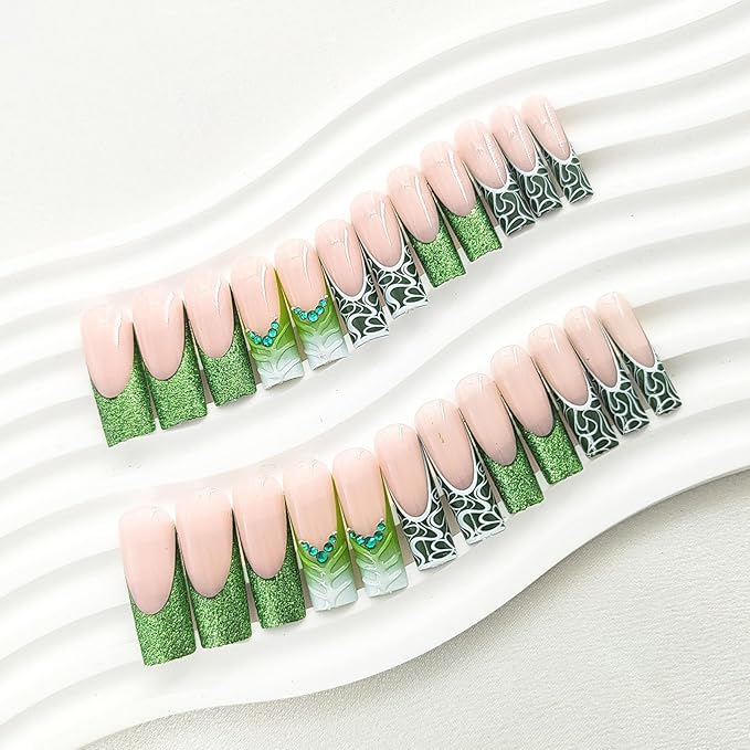 French Tip Press on Nails Square Extra Long Gradient Acrylic Nails Press ons with Lines Rhinestones Design Water Ripple Glue on Nails Green Glitter Fake Nails Transparent False Nails for Girls 24Pcs