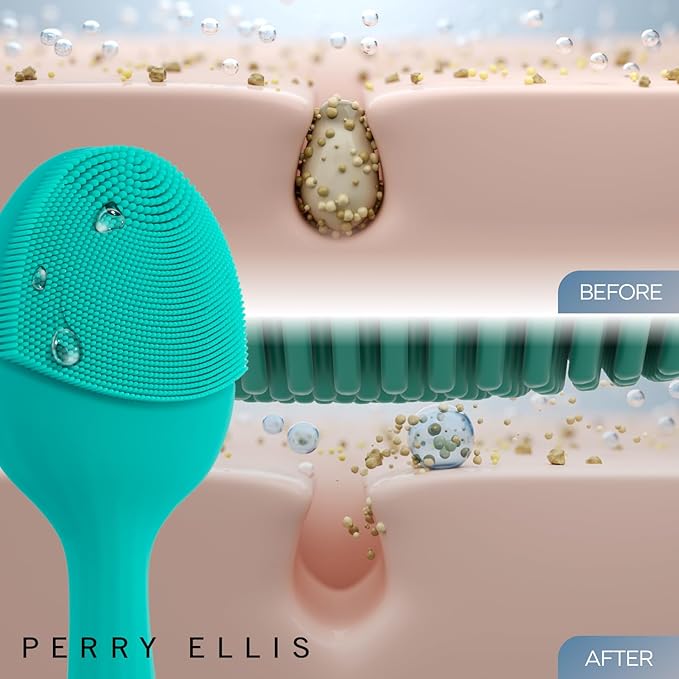 Perry Ellis 4-Speed Gentle Facial Cleansing Brush for Women, Rechargeable Vibrating Silicone Face Scrubber with Cooling Plate, IPX6-Waterproof Massager, Deep-Cleaning and Exfoliating Skin-Care Tool