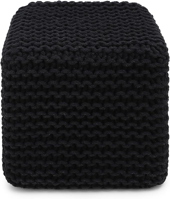 REDEARTH Cube Pouf Foot Stool Ottoman - Hand Knitted Poof - Cord Boho Pouffe - Home Décor - Stuffed Footrest for Living Room - Bedroom - Covered Patio (16" x 16" x 16") - Black