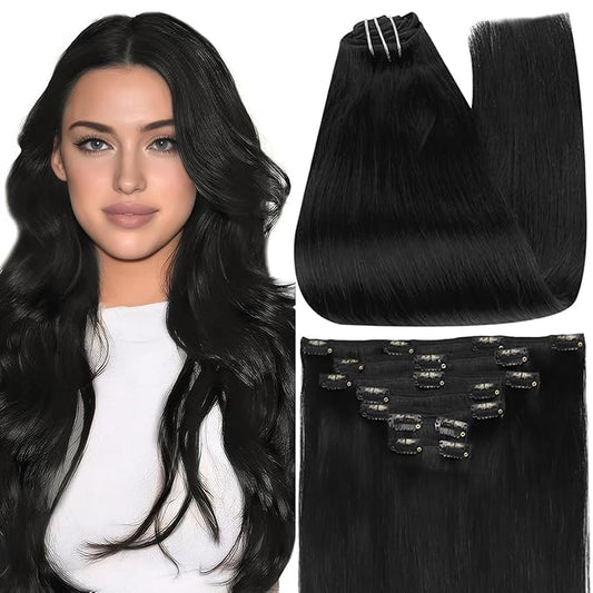 Full Shine Black Clip in Hair Extensions Real Human Hair Jet Black Hair Extensions Human Hair Clip ins Triple Weft Clip in Extensions for Women Straight Natural Hair 7 Pcs 18 Inch