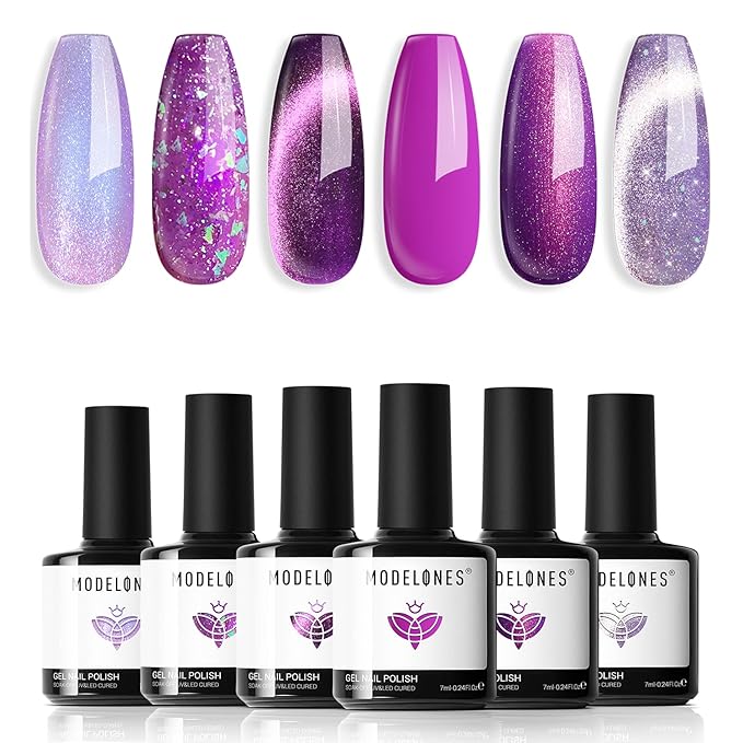 modelones Gel Nail Polish Set 6 Colors Purple Silver Cat Eye Gel Nail Polish Glitter Purple Chameleon Sparkle Silver Shade Shimmer Magnet Polish Soak Off Led Nail Art DIY Salon Gift For Women Girl