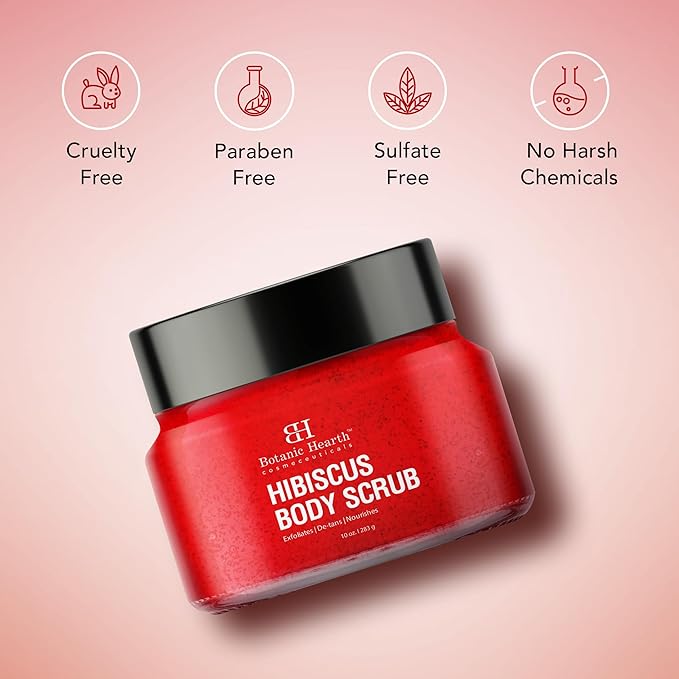 Botanic Hearth Hibiscus Body Scrub Exfoliator | Hydrating Raw Sugar Scrub | Natural Body Scrub For Skin Care, Stretch Marks, Acne & Cellulite, Eczema, Age Spots & Varicose Veins | 10 Oz