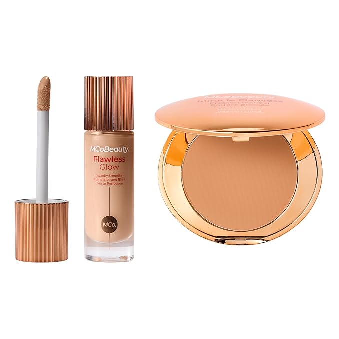 MCoBeauty - Bundle – Flawless Glow & Miracle Flawless Pressed Powder – Warm Shade - Radiant Base – Hydrating Illuminator – Setting Powder – Soft Focus Finish