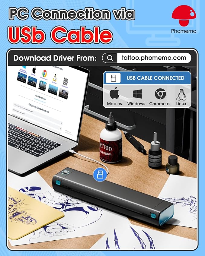 Phomemo M08F Upgraded Tattoo Stencil Printer, Thermal Stencil Printer with 10pcs Transfer Paper, Tattoo Supplies for Artists & Beginners, Compatible with Phone, Tablet & PC, Black & Blue