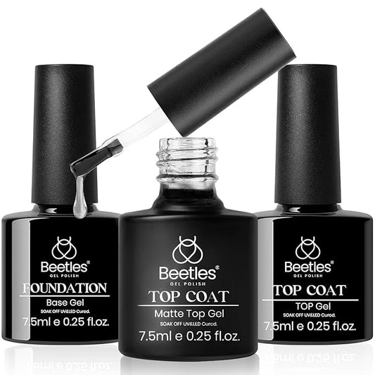 Beetles Matte Top Coat Gel Nail Polish Gel Top Coat & Base Set, 3Pcs Matte & Shiny Top Coat Nail Polish and Base Coat, No Wipe Long Lasting High Gloss and Matte Effects Soak off Uv DIY at Home