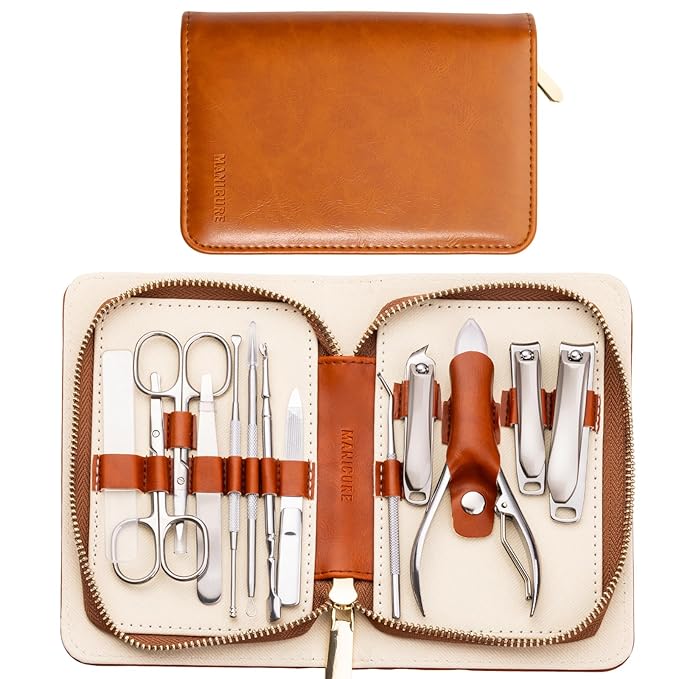 FAMILIFE Professional Manicure Set, Manicure Kit, Nail Clippers Set, Stainless Steel Orange Pedicure Tool, Nail Kit with Portable Leather Travel Case Luxury Gifts for Him