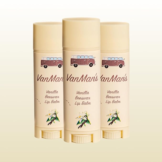 VanMan Beeswax Lip Balm Tube – Organic Tallow Balm with Grass-Fed and Finished Suet Beef Tallow, Sweet Almond Oil, and Lanolin – Hydrating Lip Moisturizer – Vanilla – 3 Tube Pack