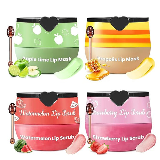 4 PCS Lip Scrub and Mask Set, Strawberry Watermelon Lip Exfoliator Scrub, Moisturizing Lip Balm for Dry Lips, Reduce Lip Lines