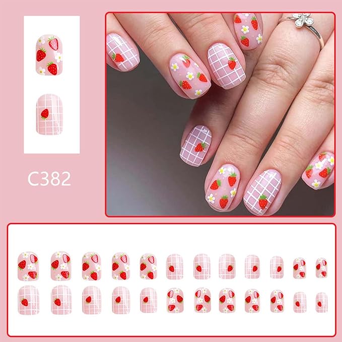 Square Press On Nails Short Fake Nails Strawberry With Flower Plaid Design Spring False Nails Acrylic Artificial Glue On Nails Full Cover Stick On Nails For Women Manicure Art 24pcs