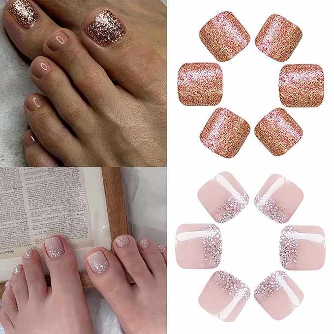 2 Packs 48Pcs Glitter Press on Toenails Short Square Fake Toe Nails Nude Glitter Design Acrylic False Toe Nails Full Cover, Glue Stick On Nails for Women's Manicure & Nail Art