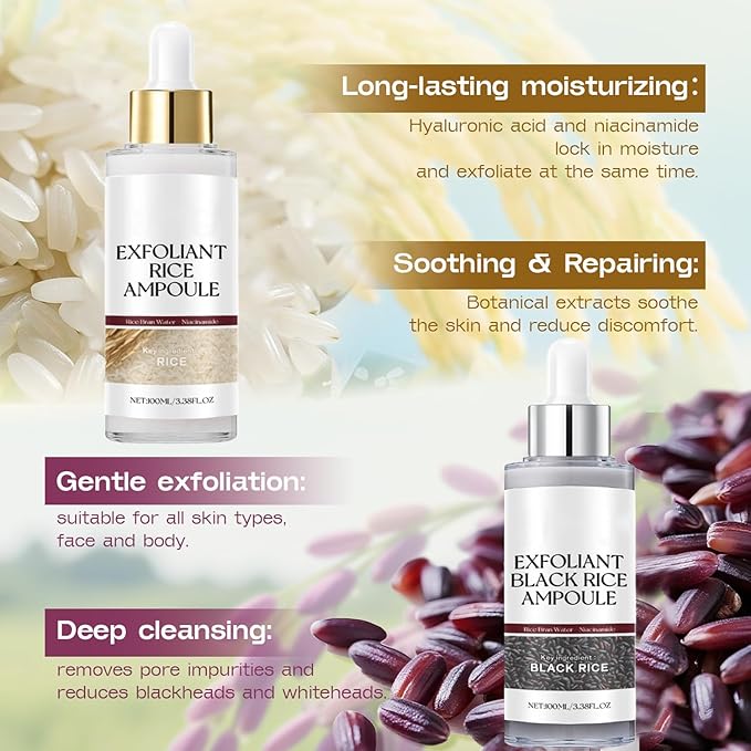 Peel Shot Glow Rice Ampoule Duo, 2PCS Black and White Rice Peeling, Soft White Rice Ampoule Duo and Black Rice Exfoliating Peeling for All Skin Types(Black+White, 100ML)