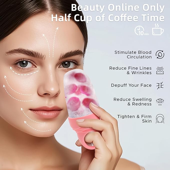 3 Pcs Facial Ice Roller Silicone Mold Reusable for Face Women and Eye Neck Cold Skin Care Tools Freezer De Puff Eye Bags Reduce Migraine Pain Pink 2 + Purple 1