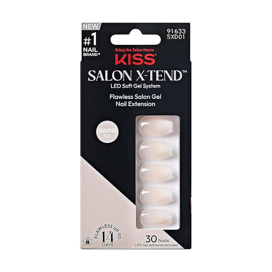 KISS Salon X-tend, Press-On Nails, Nail glue included, 'Words', Light White, Medium Size, Coffin Shape, Includes 30 Nails, 5Ml Led Soft Gel Adhesive, 1 Manicure Stick, 1 New Mini File, New Prep Pad