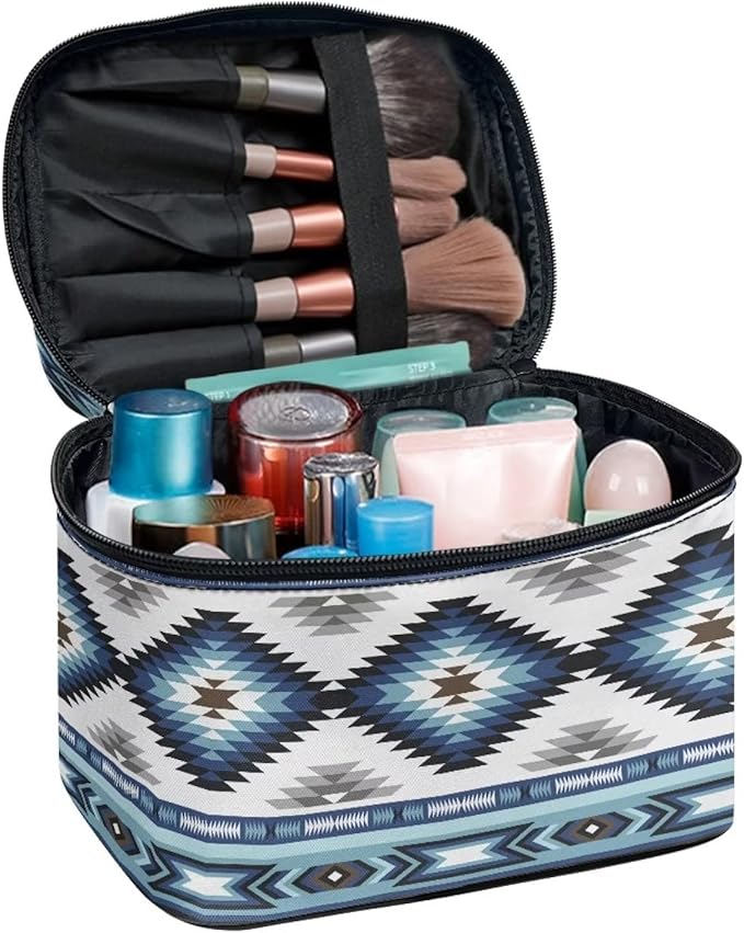Western Makeup Bags for Woment Tribal Ethnic Tribal Aztec Navajo Portable Cosmetic Travel Bags with Zipper and Carry Handle Large Capacity Toiletry Case Organizer Storage Pouch