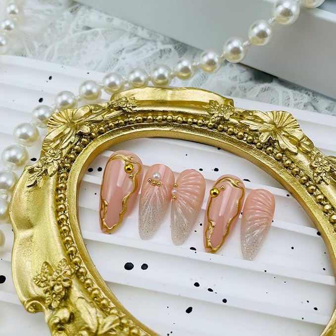 24Pcs Nude Press on Nails Almond Medium Fake Nails with Gold Bead Designs Glitter 3D Texture Acrylic Nails Full Cover False Nails Kit White French Glue on Nails Stiletto Artificial Nails for Women