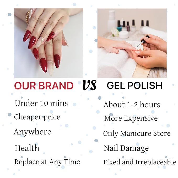 Red Press on Nails Short Almond Fake Nails Wine Red Full Cover Glue on Nails White with Gold Foil Design Acrylic Nails Glossy Stick on Nails for Women 24 Pcs