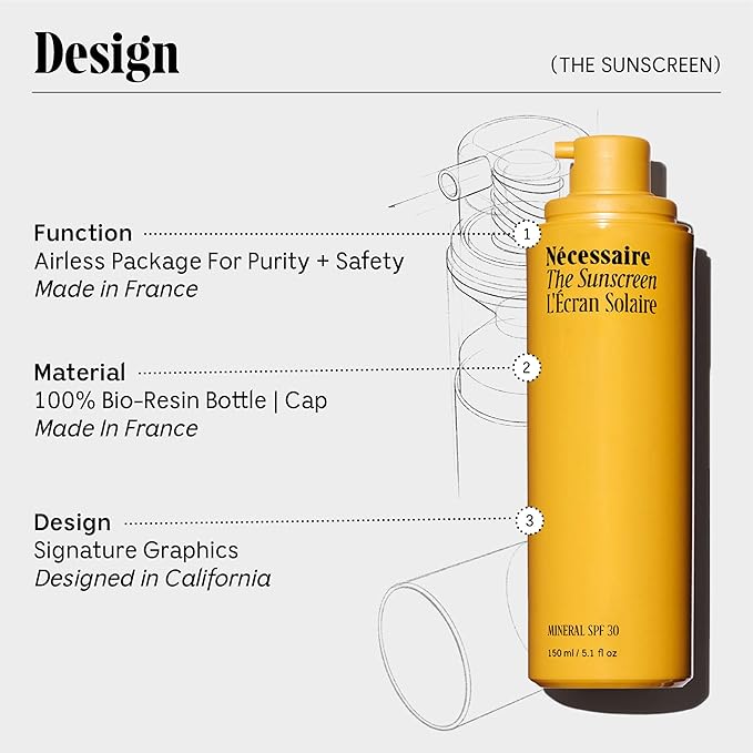 Nécessaire The Mineral Sunscreen SPF 30 PA+++. For The Body. Broad Spectrum. Zinc Oxide, Hyaluronic Acid, Niacinamide. Hydrate. Protect Against Sun Damage + Premature Aging. Dermatologist-Tested 5.1oz