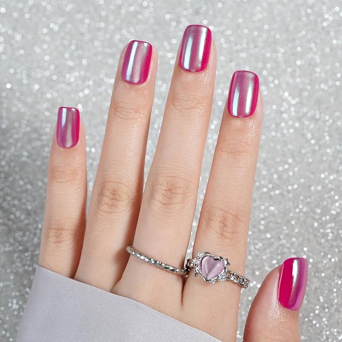 Jofay Fashion Press On Nails - Christmas Short Square Chrome Red for Gifts, Stick On Nails with Glue, Glossy Reusable Tips in 16 Sizes - 32 Soft Gel Fake Nails Kit