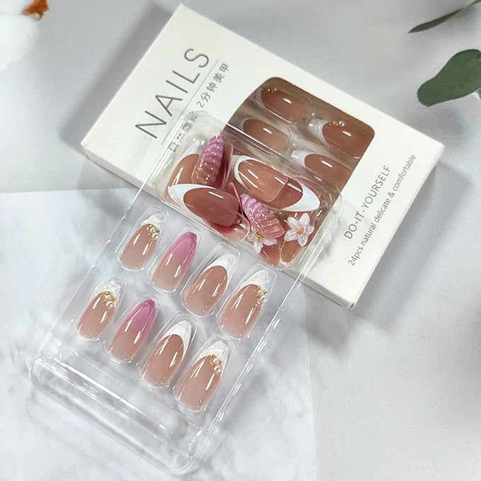 24Pcs Flower Press on Nails Medium Almond Fake Nails with 3D Floral Pearl Gold Beads Design White French Tip Nails Glossy Pink Nude Glue on Nail Full Cover Acrylic Stick on Nail for Women