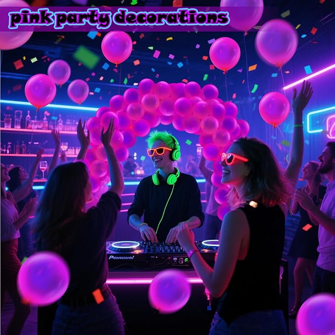100 Pcs UV Neon Pink Balloons 12 inch Neon Party Supplies, Balloons, Glow in the Dark for Birthday, Graduation, Baby Shower,Wedding, Anniversary Valentines Party Decorations