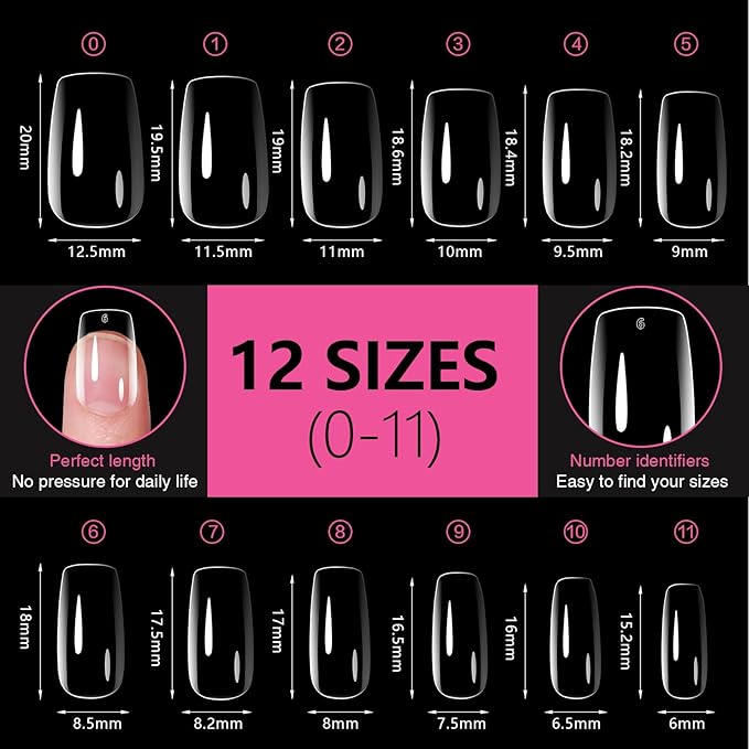 Short Square Nail Tips 504PCS, Clear Acrylic Full Cover Gel Press on Nail Tips for DIY Salon, 12 Sizes Pre-Shaped False Nails with Glossy Finish, Professional Manicure Kit & Easy Application