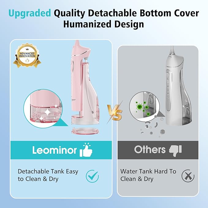 Leominor Water Flosser Pick for Teeth, 300ML Portable Oral Irrigator Upgraded Tank Removable,IPX7 Waterproof, Rechargeable Travel Teeth Cleaner, Professional Electric Flossing Machine (Pink)