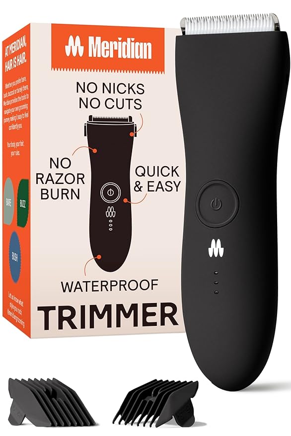 MERIDIAN The Trimmer Original - Body Hair Trimmer for Men, Electric Shaver for Pubic Hair, Chest, Legs & Bikini, Waterproof & Rechargeable, Onyx