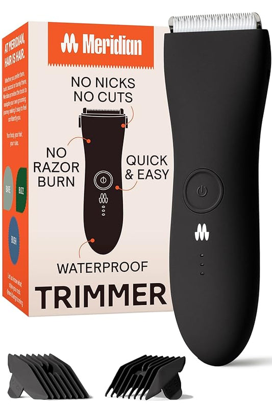 MERIDIAN The Trimmer Original - Body Hair Trimmer for Men, Electric Shaver for Pubic Hair, Chest, Legs & Bikini, Waterproof & Rechargeable, Onyx