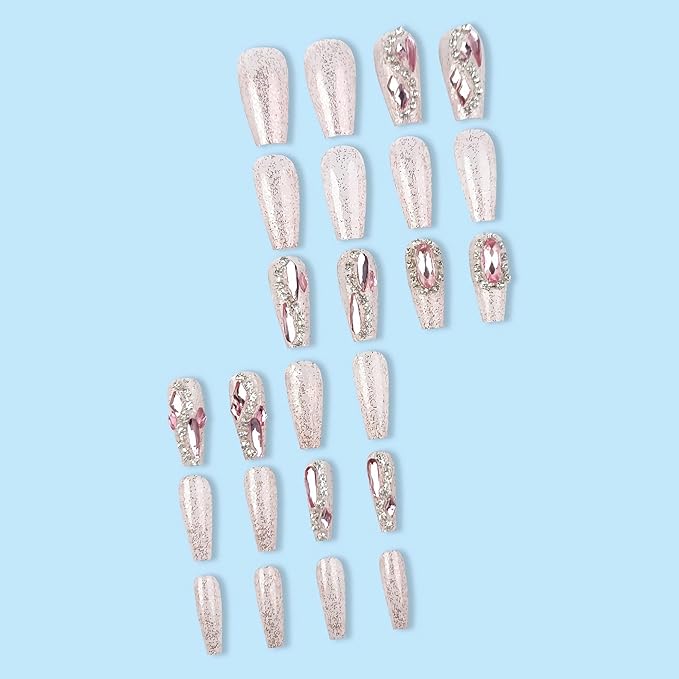 BABALAL Luxury Press on Nails Long Coffin Fake Nails Pink Glitter Glue ons Nails Rhinestone Full Cover Acrylic Nails 24Pcs Bling Stick on False Nails Ballerina Nails Press on
