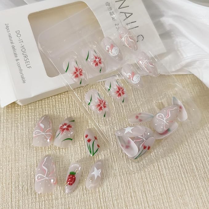 24Pcs Almond Press on Nails Medium Fake Nails with Strawberry Flower Designs Cute Swan Bow Glue on Nails 3D Flowers Acrylic Nail Pearl Charms Summer Floral Stick on Nails for Women