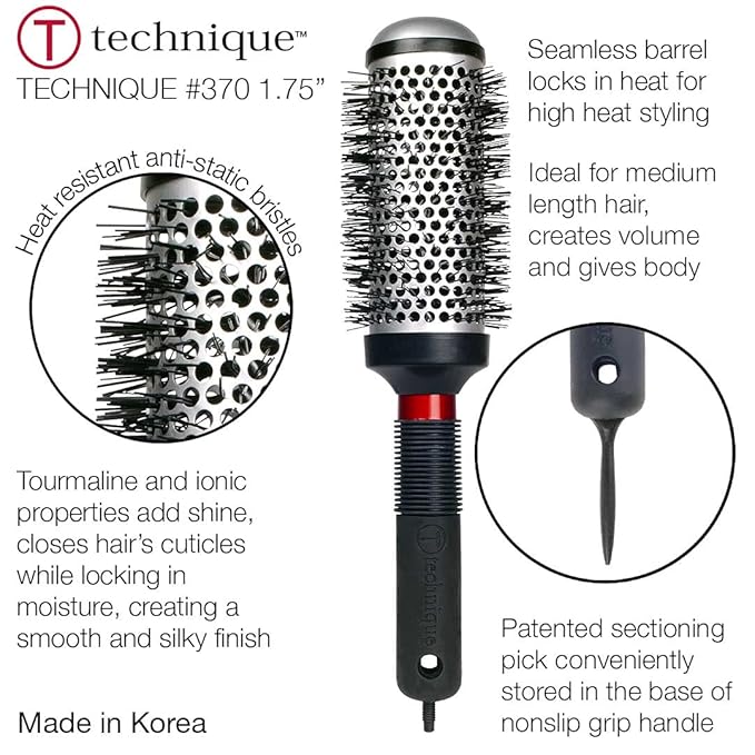 Cricket Technique Thermal Hair Brush #370 1.75” for Blow-Drying, Curling, and Styling – Heat-Retaining Barrel with Anti-Static Tourmaline Bristles, Round Thermal Brush, Ideal for All Hair Types