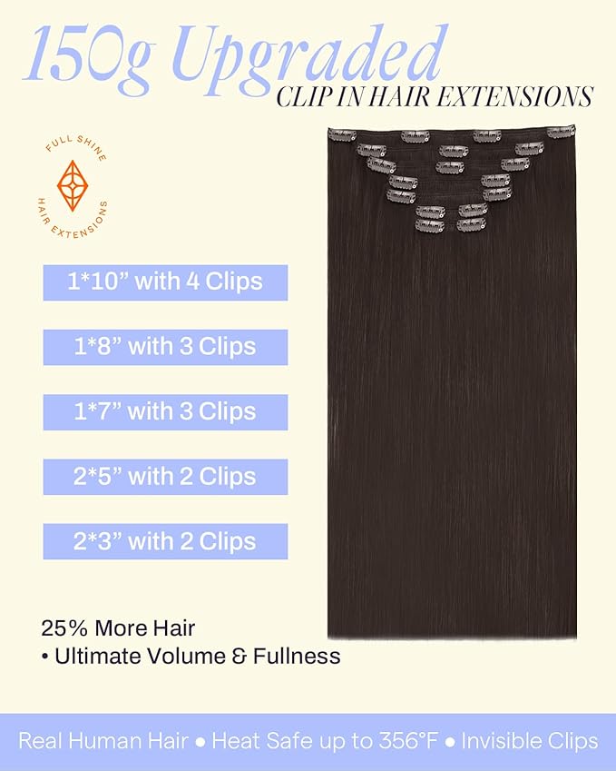 Full Shine Thick Clip in Hair Extensions Real Human Hair Darkest Brown Straight Invisible Clip in Extensions Natural Hair Extensions for Women Extra Volume 7 Pcs 20 Inch
