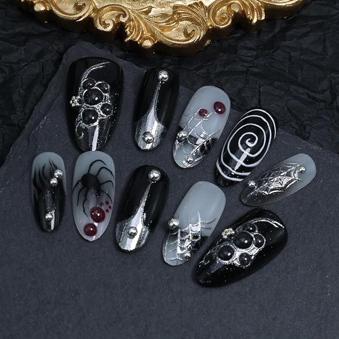30Pcs Halloween Y2k Press on Nails Medium Almond French Tip Fake Nails Spider Web False Nails with Silvering 3D Gems Design Black Full Cover Artificial Glue on Nails Gothic Stick on Nail for Women