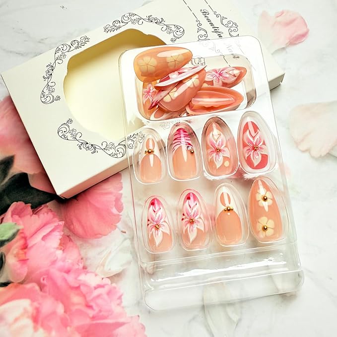 Pink Flower Press on Nails Medium Almond Fake Nails with Designs 3D Floral Gold Pearl Summer False Nails French Tip Glue on Nails Almond Shape Acrylic False Nails Tip Stick on Nails for Women 24Pcs