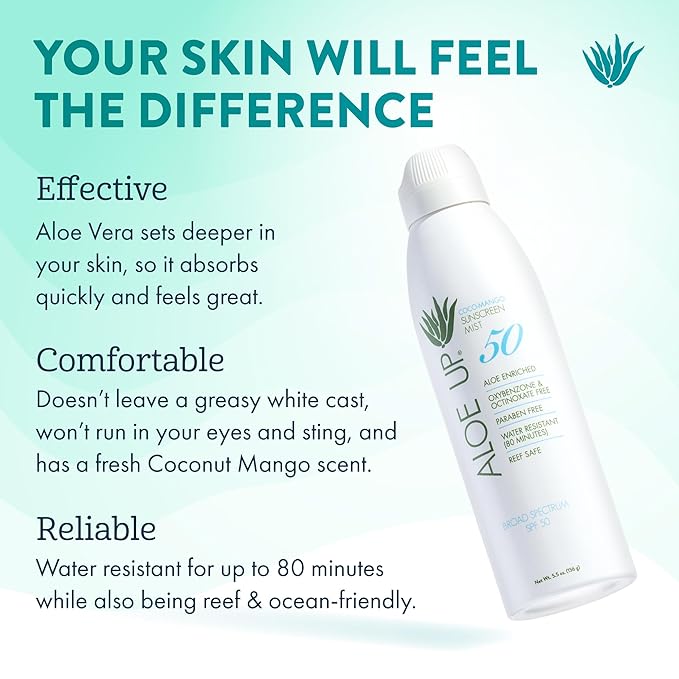 Aloe Up White Collection Continuous Sunscreen Spray SPF 50 Broad Spectrum UVA/UVB Sunscreen Protector for Face and Body with Moisturizing Aloe Vera Gel Reef Safe Coco Mango Fragrance 5.5 Fl. Oz