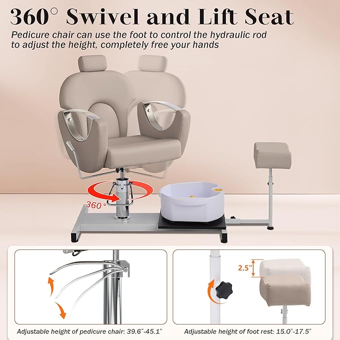 Pedicure Station No Plumbing, Hydraulic Pedicure Chair for Nail Tech, Height Adjustable Reclining Pedicure Station Unit, 360 Degree Swivel Foot Spa Chair with Massage Foot Bath (Grey-Sliver)