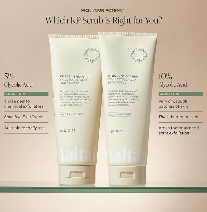 Saltair KP Body Scrub. 5% Glycolic Acid Treatment with Volcanic Sand and Plant Moisturizers. Fragrance-Free Physical Chemical Exfoliator. Exfoliating Body Scrubber for Rough Bumpy Skin, 10oz.