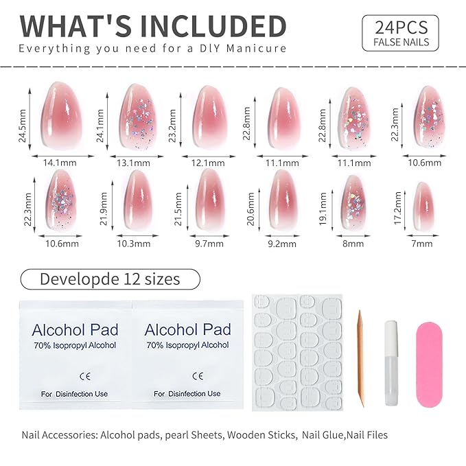 Cute Pink Glitter Press On Nails Almond Shape – Medium Length Nude Gradient Acrylic Fake Nails with Iridescent Hearts & Confetti, 24Pcs Glossy Stick On Nails Kit with Glue for Girls & Women Party