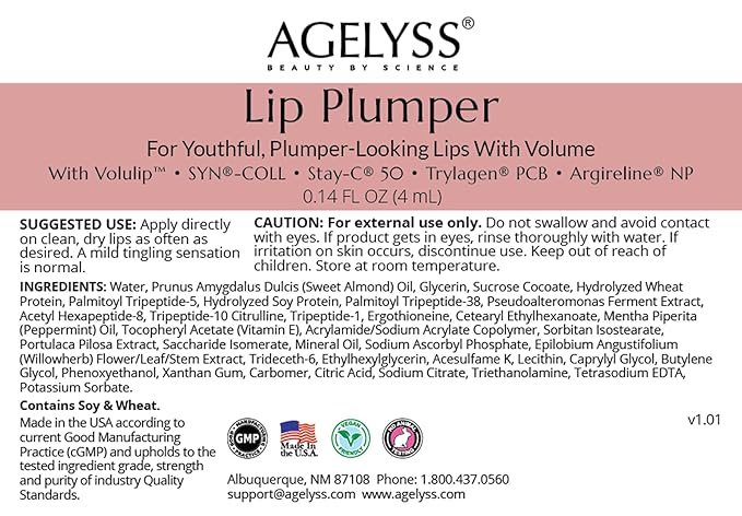 Agelyss Lip Plumper - Deep Hydration - Lip Volume, Collagen Boost, Plumping - Paraben-Free, Cruelty-Free, Vegan - .14 FL OZ - Pack of 6