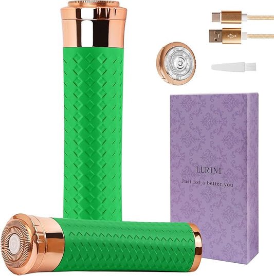 Facial Hair Remover for Women, Painless Rechargeable Hair Removal Device, Comes with 2 Replacement Heads, Portable Electric Shaver/Razors for Face, Chin, Upper Lip, arms (Green)