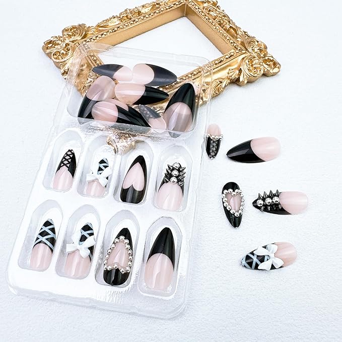 24pcs Black French Tip Press on Nails Medium Almond Fake Nails with 3D Bow Rivet Rhinestones Designs Gothic False Nails Lace Glue on Nails French Acrylic Nail Tips Full Cover Stick on Nails for Women