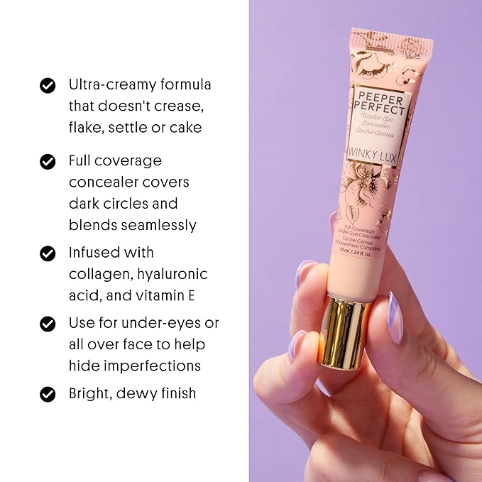 Winky Lux Peeper Perfect Under Eye Concealer, Makeup & Eye Brightener, Full Coverage Concealer for Dark Circles, Color Corrector & Eye Primer, With Collagen, Hyaluronic Acid & Vitamin E (Light Medium)