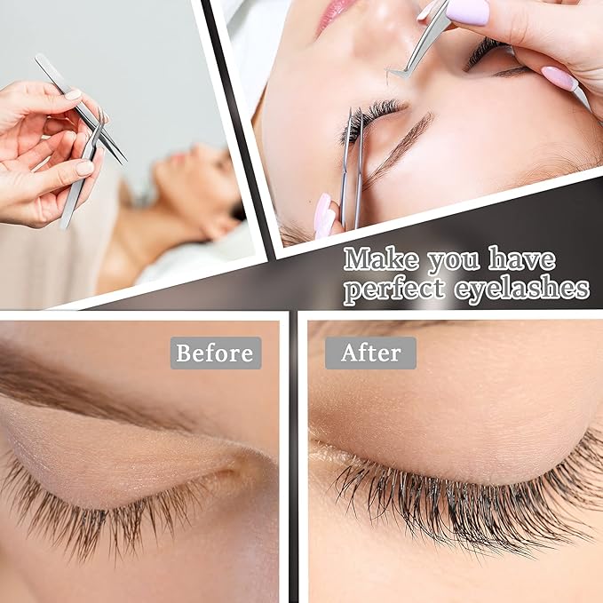 6 Pcs Tweezers for Eyelash Extensions, Straight and Curved Stainless Steel, Individual Volume, Isolation Tweezers (Silver)
