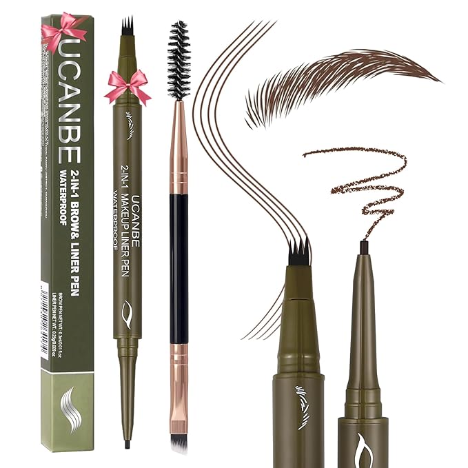 UCANBE Eyebrow Pencils for Women with Spoolie Brush, Dual-Ended Eyebrow Pen with 4-Fork-Tip & Gel Eyeliner, Microblading Brow Pen with Eyeliner Pencil + Brow Brush for Hair Like Brows, Dark Brown